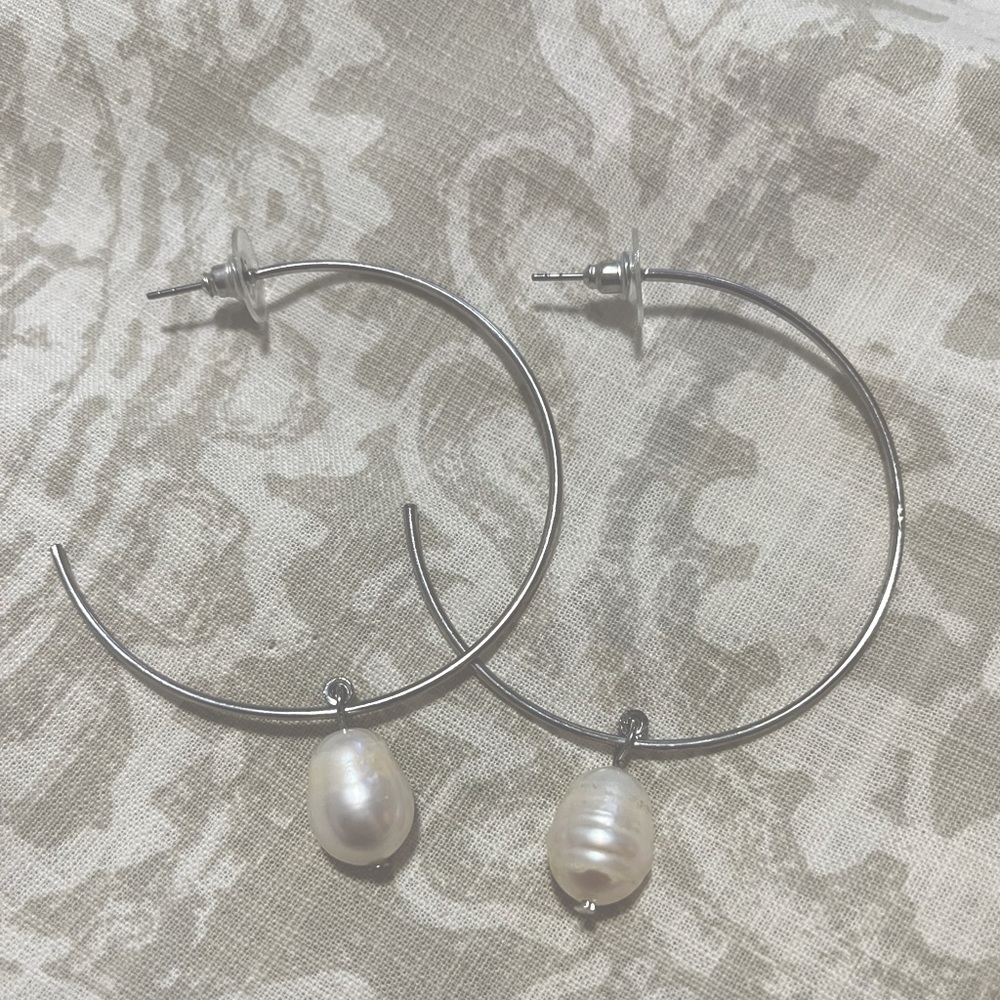Something Navy Silver Pearl Drop Hoops